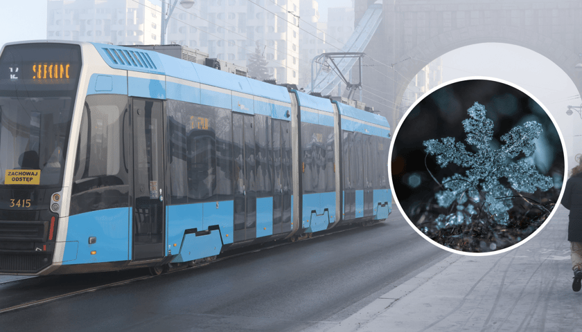 Most Grunwaldzki we mgle, śliska jezdnia i chodnik, tramwaj, przechodzień, w tle wrocławski "Manhattan" (zdjęcie ilustracyjne), w kółku tramwaj