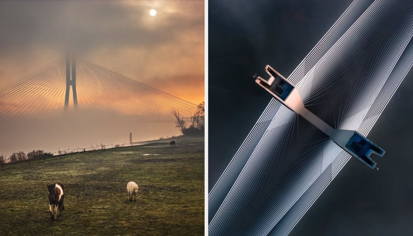 Kolaż dwóch zdjęć z mostem Rędzińskim, które znalazły się w finale konkursu National Geographic: z lewej "nowy początek", z prawej "perfekcyjna symetria".