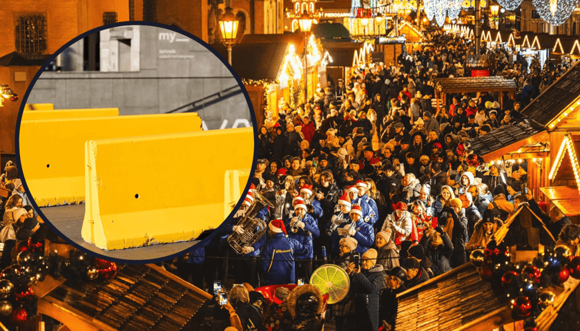 W tle tłumy na Wrocławskim Jarmarku Bożonarodzeniowym w Rynku, w kółku z lewej zapory, które pojawią się w centrum. 