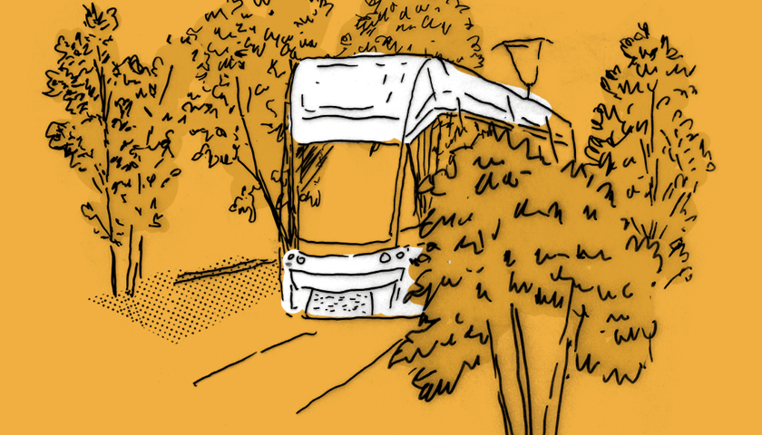 Tramwaj wśród drzew. Grafika ilustracyjna.