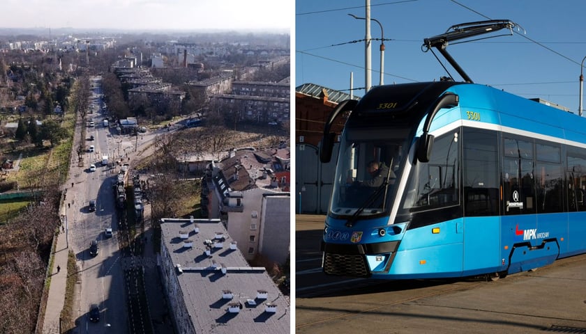 Z lewej ulica Opolska, widok z drona. Z prawej tramwaj MPK Wrocław