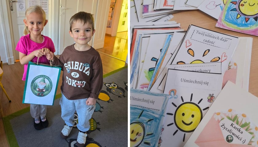 Po lewej: Michalina i Ignacy z Przedszkola nr 47 „Leśny Ludek” trzymający torbę pełną kartek. Po prawej: kartki życzliwości
