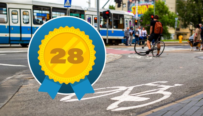 Grafika ilustracyjna z liczbą 28 na żółtym polu i zdjęciem pokazującym drogę rowerową we Wrocławiu