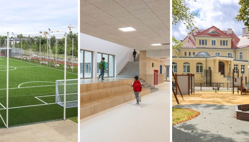 Boisko przy szkole przy ul. Cynamonowej, korytarz w szkole przy ul. Asfaltowej, budynek przedszkola przy pl. Piłsudskiego