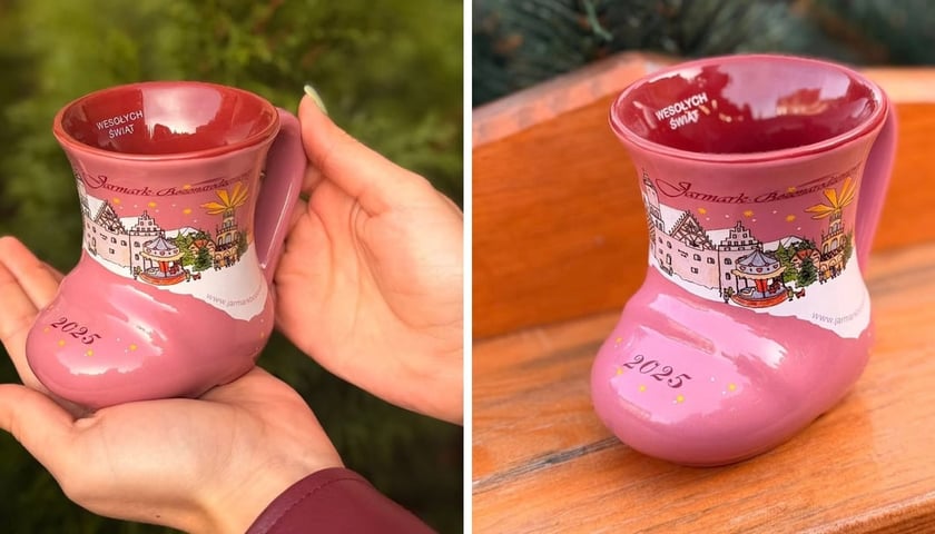 на двох фото кухлик-черевичок, який є сувеніром цьогорічного Різдвяного ярмарку у Вроцлаві