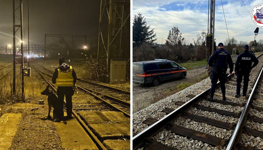 Zdjęcie dzielone na pół: po lewej - policjant z psem na torach 