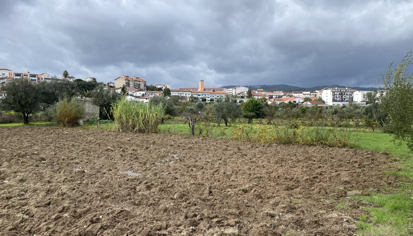 Na zdjęciu na pierwszym planie widoczna zaorana działka rolnicza. Za nią pola przedzielane niską zielenią. W tle budynki miejscowości, góry i pochmurne niebo. / The photo shows a plowed agricultural plot in the foreground. Behind it are fields separated by low greenery. In the background are town buildings, mountains, and a cloudy sky.