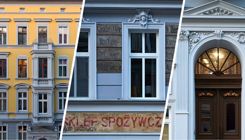 Widok na wyremontowaną fasadę, odnowione napisy i drzwi w portalu kamienicy wspólnotowej Cybulskiego 19, listopad 2025