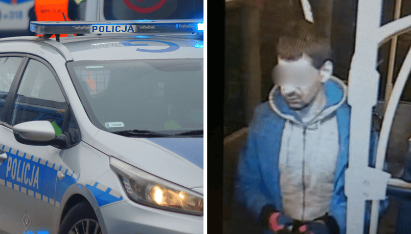 Zestawienie dwóch zdjęć: z lewej radiowóz policji, z prawej mężczyzna w autobusie