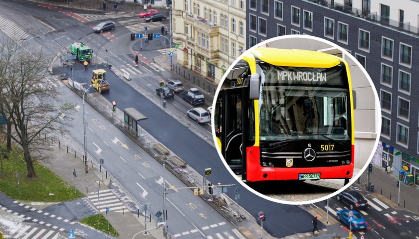 Na Drobnera w miejscu torowiska powstała tymczasowa droga dla samochodów i autobusów. To nią zostanie poprowadzony ruch, a dotychczasowe jezdnie zostaną rozkopane. Na dużym zdjęciu tymczasowa droga, na małym autobus MPK 