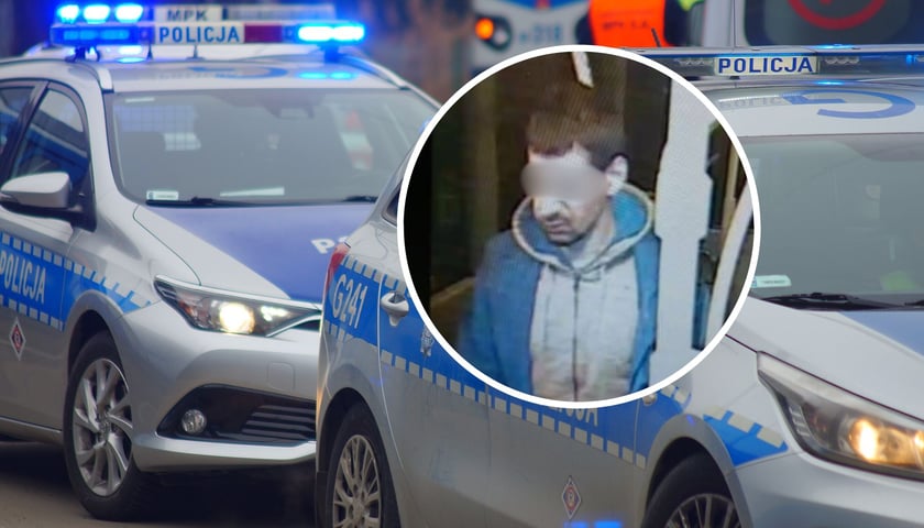W tle policyjne radiowozy, na zdjęciu w kółku zatrzymany sprawca ataku na kierowców MPK Wrocław