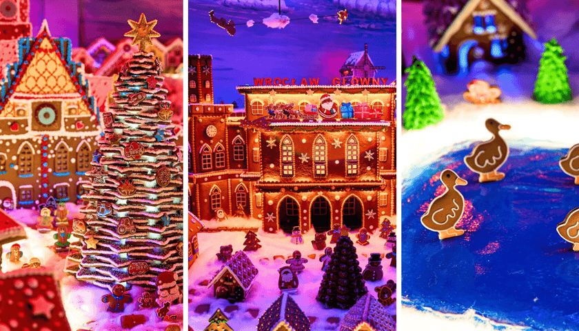 Na zdjęciach makiety z piernika – od lewej ratusz, dworzec główny i kaczki na stawie