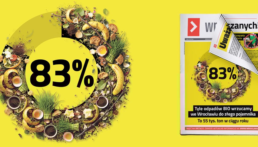 Grafika z dużą liczbą 83 proc i napisem: Tyle odpadów BIO wrzucamy we Wrocławiu do złego pojemnika. To 55 tys. ton w ciągu roku