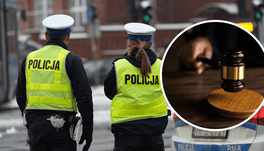 Dwoje policjantów w miejscu wypadku na Gajowickiej, w kółku młotek w dłoni sędziego