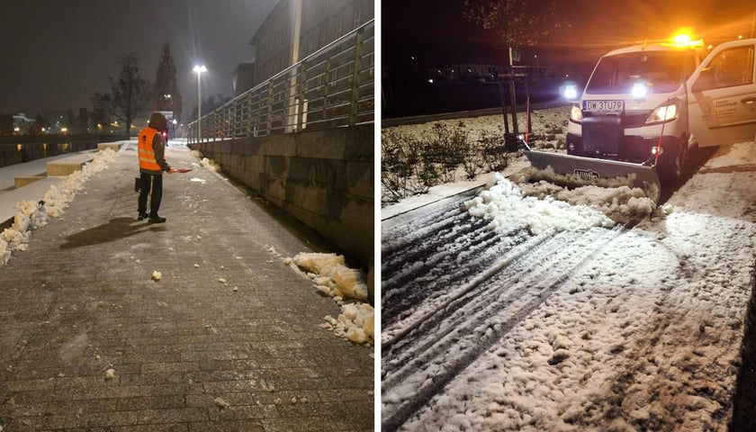 Służby przeciwdziałają oblodzeniu - z lewej mężczyzna posypuje chodnik, z prawej pojazd zgarnia śnieg (zdjęcia ilustracyjne)