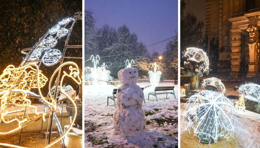 Podświetlone fontanny we Wrocławiu – z lewej w parku Staromiejskim, w środku w parku Węgrzynowskiego, z prawej przed Teatrem Lalek