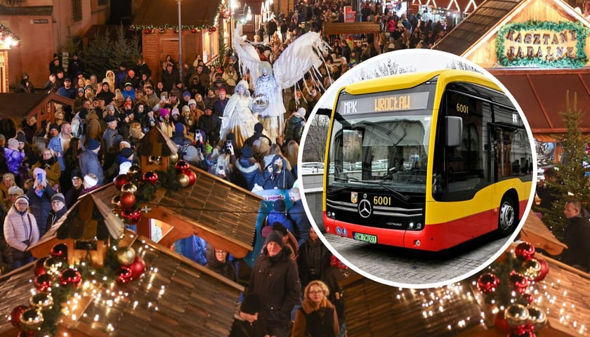 Duże zdjęcie ilustracyjne z jarmarku w Rynku. Na małym zdjęciu autobus MPK 
