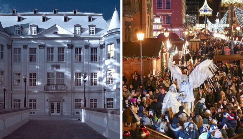 Wizualizacja pałacu w Leśnicy w białej scenerii | zdjęcie parady na otwarciu jarmarku w Rynku