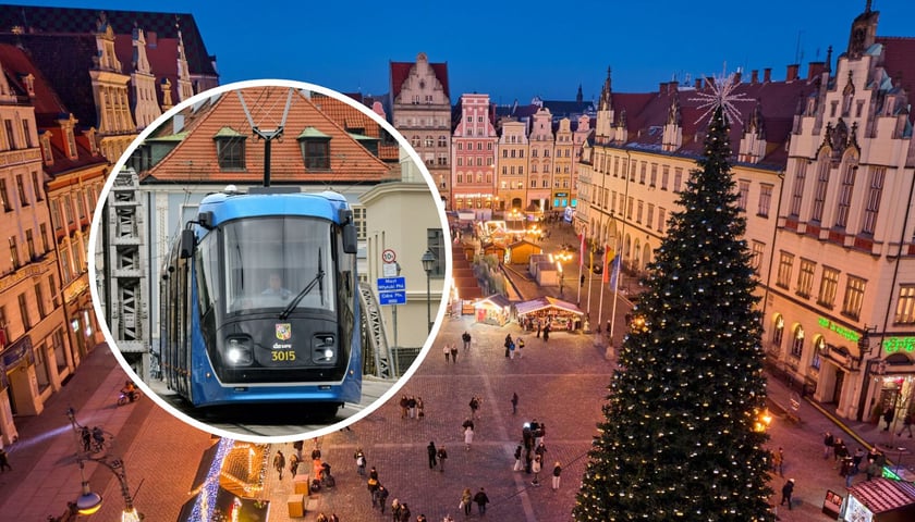 Na dużym zdjęciu jarmark na wrocławskim Rynku i choinka. Na małym tramwaj MPK