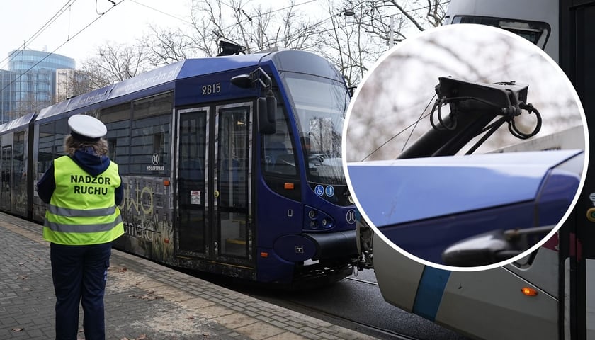 Zdjęcie przedstawiające tramwaj z uszkodzonym pantografem, z nałożonym mniejszym okrągłym zdjęciem pokazującym pantograf. Awaria wagonu na ul. Podwale.