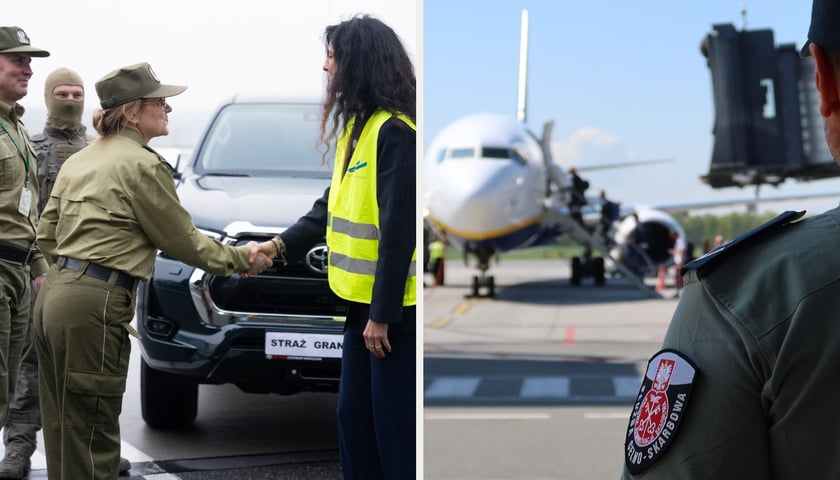 Kobieta i dwóch mężczyzn w mundurach straży granicznej. Samolot i funkcjonariusz służby celno - skarbowej. Anna Żabska, wojewoda dolnośląska przekazała na wrocławskim lotnisku nowe samochody dla straży granicznej.
