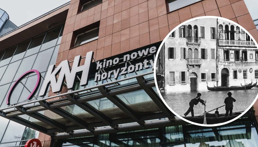 na zdjęciu dużym wejście do Kina Nowe Horyzonty, na małym zdjęciu w kółku kadr z jednego z filmów zrealizowanych przez braci Lumière 