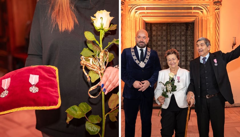 Zdjęcie dzielone na pół: z lewej odznaczenia na aksamitnej poduszce; po prawej prezydent Jacek Sutryk i jedna z par odznaczonych za co najmniej 50-letni staż małżeński.