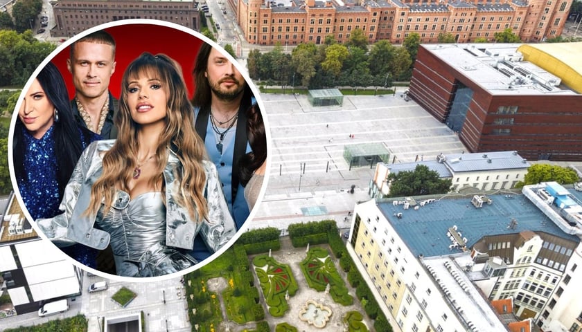 W tle plac Wolności we Wrocławiu, widok z drona. W kółku artyści, którzy wystąpią na koncercie 6 grudnia