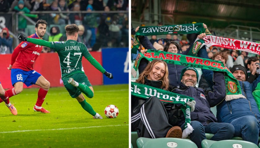 Zdjęcie dzielone na pół: po lewej piłkarze na boisku podczas gry - mecz Śląsk Wrocław - Raków Częstochowa; po lewej - kibice z szalikami klubowymi na trybunie Tarczyński Arena.