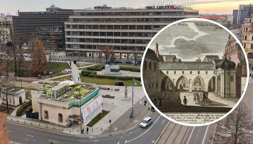 W tle widok z drona na ulicę Świdnicką i zabytkowy odwach, w którym mieszczą się dziś galeria sztuki i kawiarnia. W kółku: fragment ryciny z XVIII wieku przedstawiający wnętrze tzw. trzeciej bramy Świdnickiej.