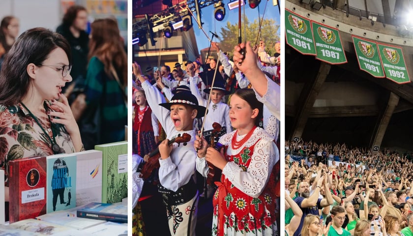 Zdjęcie podzielone na trzy części, po lewej - kobieta przy stoisku z książkami - Wrocławskie Targi Dobrych Książek, w środku - koncert Małej Armii Janosika, po prawej - kibice na meczu w Hali Stulecia.