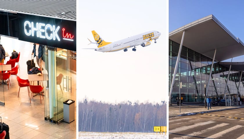 Zdjęcia z wrocławskiego lotniska - kawiarnia w terminalu, startujący samolot i terminal z zewnątrz 