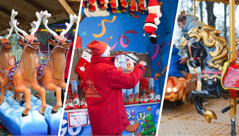 Renifery zabawkowe, osoba w czapce mikołaja i sztuczny koń w karuzeli na jarmarku na Partynicach (6 grudnia 2025)
