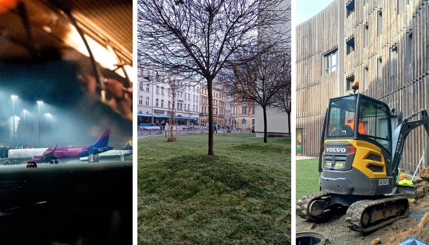 Zdjęcie podzielone na trzy części - od lewej: widok na samoloty przy terminalu wrocławskiego lotniska; nowe drzewa posadzone na skwerze; Koparka przy nowym budynku.