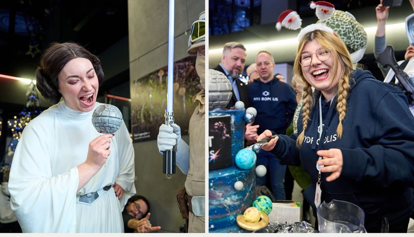 Kobieta przebrana za księżniczkę Leię z Gwiezdnych Wojen | roześmiana dziewczyna z Hydropolis krojąca tort (6 grudnia 2025)