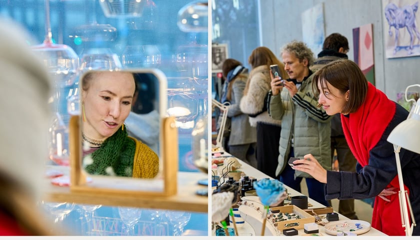 Twarz kobiety odbijająca się w lusterku | kobieta przy stole na kiermaszu na ASP na Traugutta