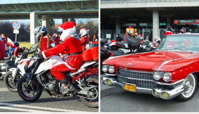 Mikołaj na motocyklu, czerwone auto marki Cadillac, start Moto Mikołajów pod stadionem (7 grudnia 2025)