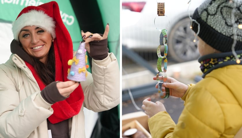 Zdjęcie dzielone na pół: od lewej kobieta w czapce mikołajowej z upcyclingową ozdobą; po prawej dziecko w trakcie sklejania łańcucha papierowego.