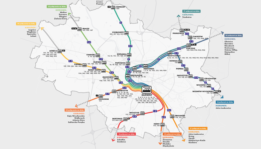 <p>Połączenia kolejowe na terenie Wrocławia - mapa.</p>