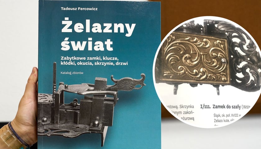 Na dużym zdjęciu okładka albumu, na małym zdjęciu jeden z zamków do szafy ze zbiorów Muzeum Narodowego we Wrocławiu
