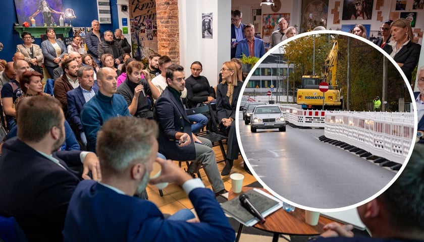 Na dużym zdjęciu (fot. Bartosz Mokrzycki) spotkanie z mieszkańcami w Centrum Aktywności Lokalnej przy Swojczyckiej 118. Na małym, w kółku (fot. Oleksandr Poliakovsky) ulica Swojczycka zwężona do jednego pasa ruchu 