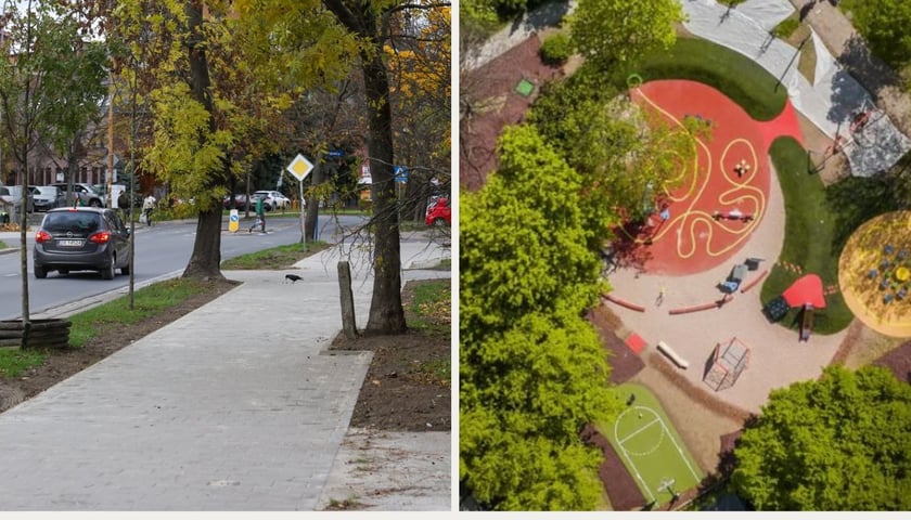 Z lewej: chodnik przy ul. Gubińskiej. Z prawej: plac zabaw przy ul. Zielonogórskiej - widok z drona.