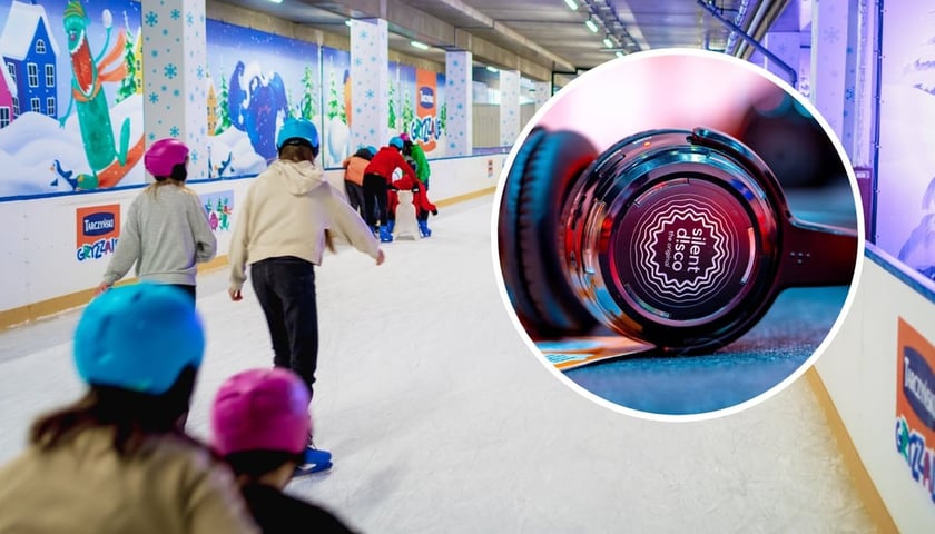 W tle: lodowisko Tarczyński Arena; w kółku: słuchawki do silent disco (zdjęcie ilustracyjne)