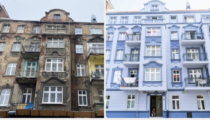 Fasada kamienicy Kurkowa 61-63 przed i po remoncie (2024)