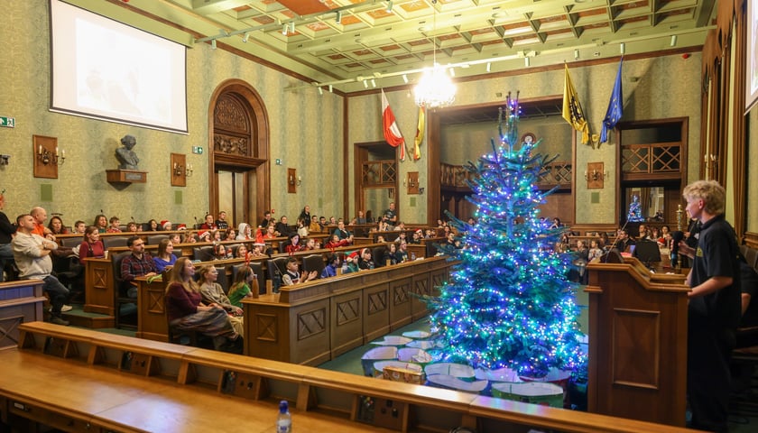 Choinka w sali sesyjnej, za nią duża grupa dzieci