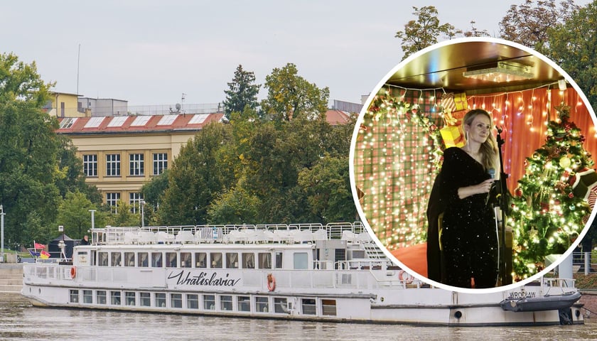 W tle statek "Wratislavia" na Odrze. W kółku wokalistka Magdalena Rowan.
