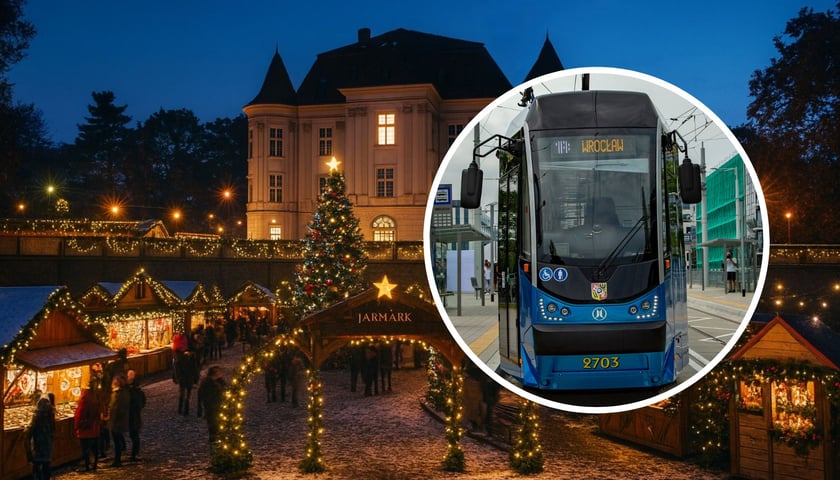 Na dużym obrazku zamek w Leśnicy i jarmark. Na małym: tramwaj MPK 