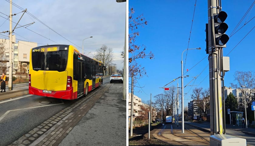 Zdjęcie podzielone na pół: z lewej autobus linii 717 na przystanku przy ul. Przyjaźni; z prawej - sygnalizator sterowania ruchem tramwajowym przy mijance na ul. Przyjaźni.