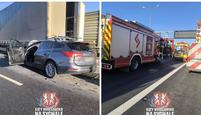 Zdjęcie dzielone na pół: z lewej rozbite auto osobowe pod naczepą ciężarówki; po prawej zablokowana jezdnia autostrady przez samochody pogotowia i straży pożarnej.