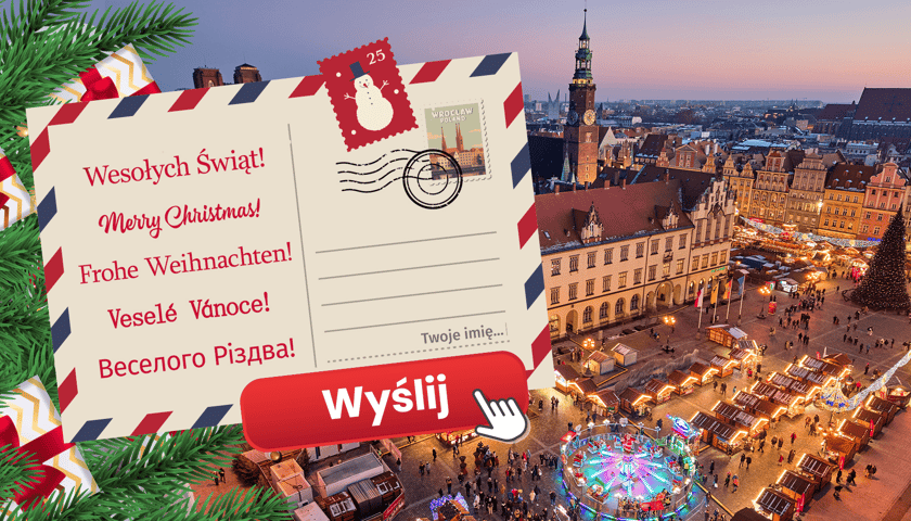 Grafika przedstawiająca kartkę świąteczną z napisem "Wesołych Świat" po polsku, angielsku, niemiecku, czesku... W tle panorama Wrocławia wieczorem
